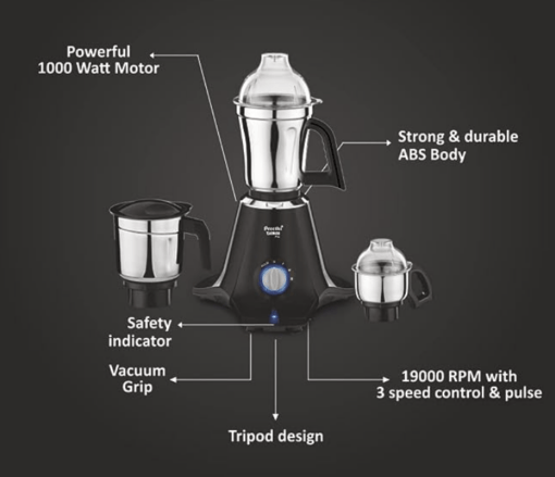 Preethi Taurus Pro MG-256 Mixer Grinder, Black, 3 Jars,Powerful 1000 Watt motor for perfect grinding in 90 sec, Shock proof ABS Plastic Body, 5 Yr Motor Warranty & Lifelong Free Service - Image 5